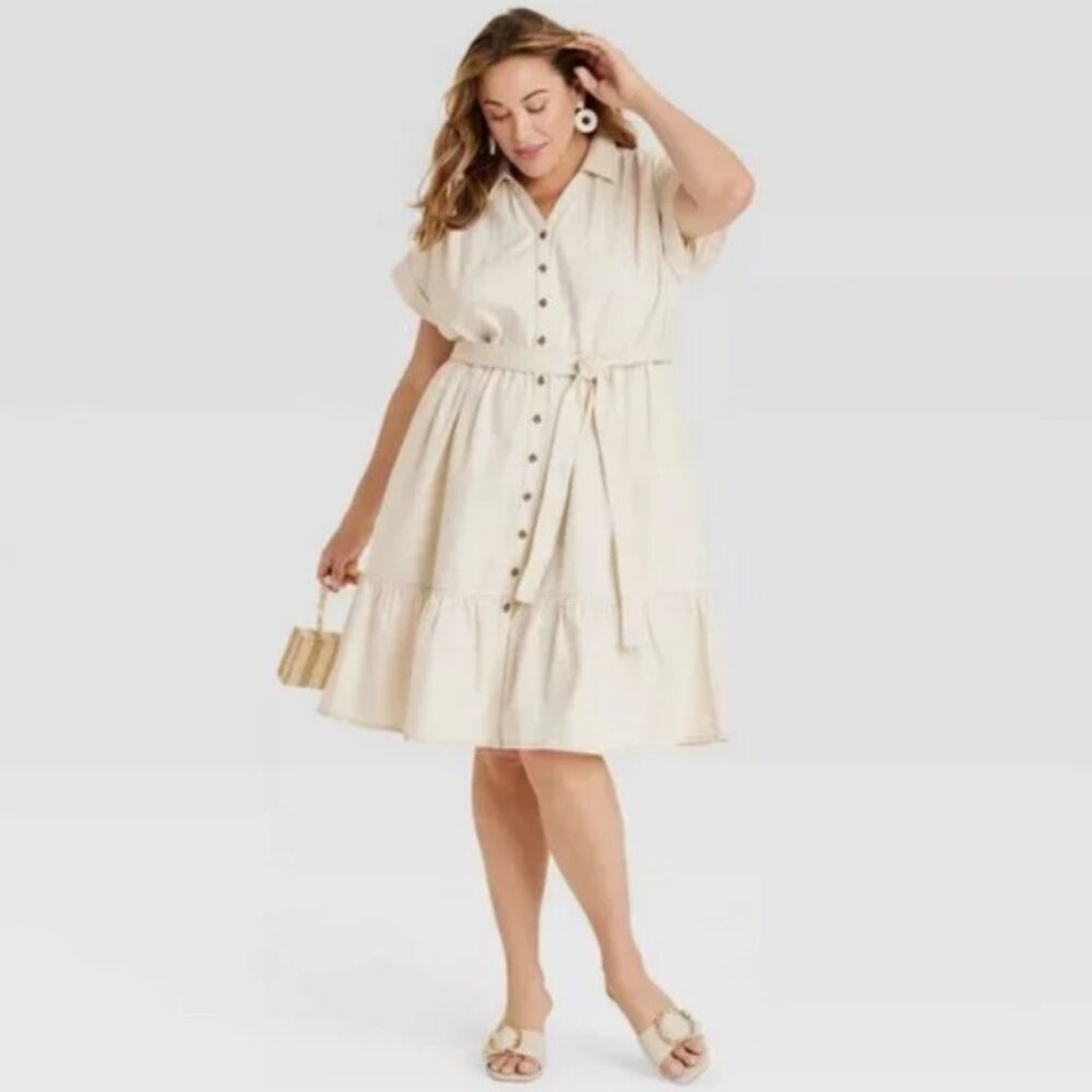 Women's Short Sleeve Denim Tiered Midi A-Line Dress - Ava & Viv Off-White 2X
